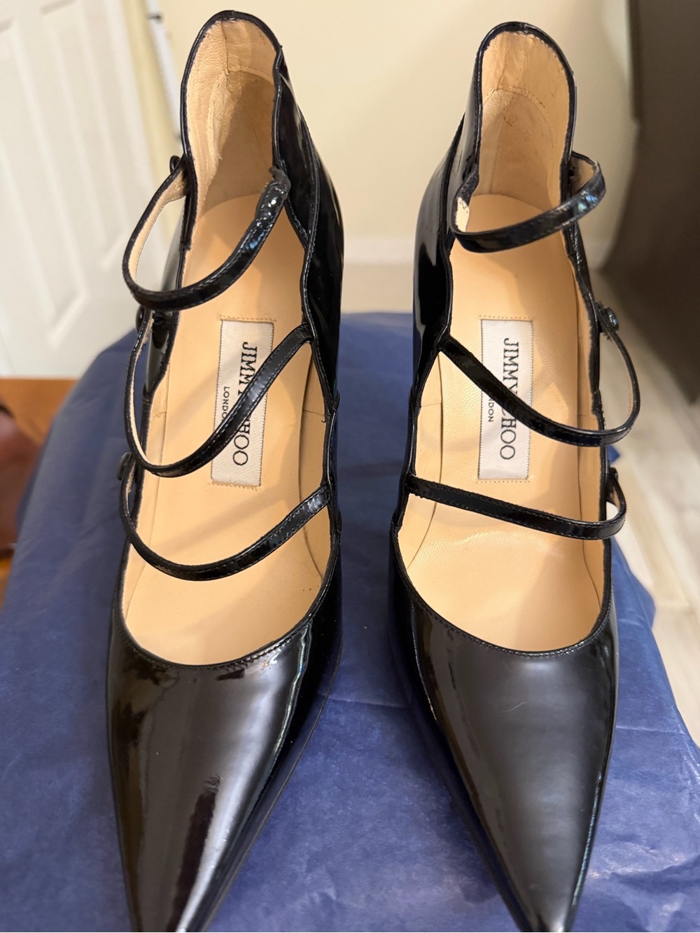 Jimmy Choo Black Patent Leather Multi-Strap Pointed Pumps